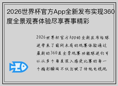 2026世界杯官方App全新发布实现360度全景观赛体验尽享赛事精彩