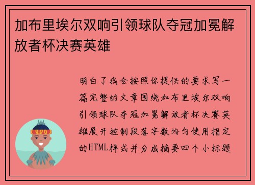 加布里埃尔双响引领球队夺冠加冕解放者杯决赛英雄